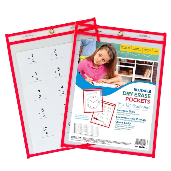 C-Line Products Reusable Dry Erase Pocket, Neon Red, 9 x 12 Set of 30 Pockets, 30PK 40814-BX - main